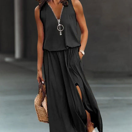 Crimson | Plain Dress with Zipper and Slit